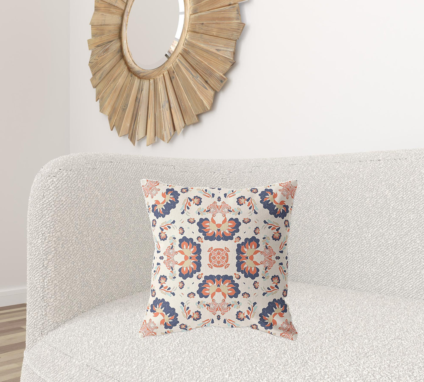 18" X 18" Off White And Blue Broadcloth Floral Throw Pillow