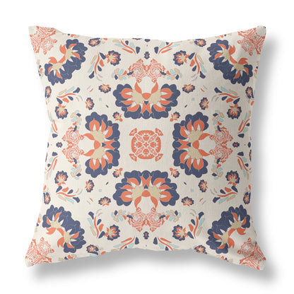 18" X 18" Off White And Blue Broadcloth Floral Throw Pillow