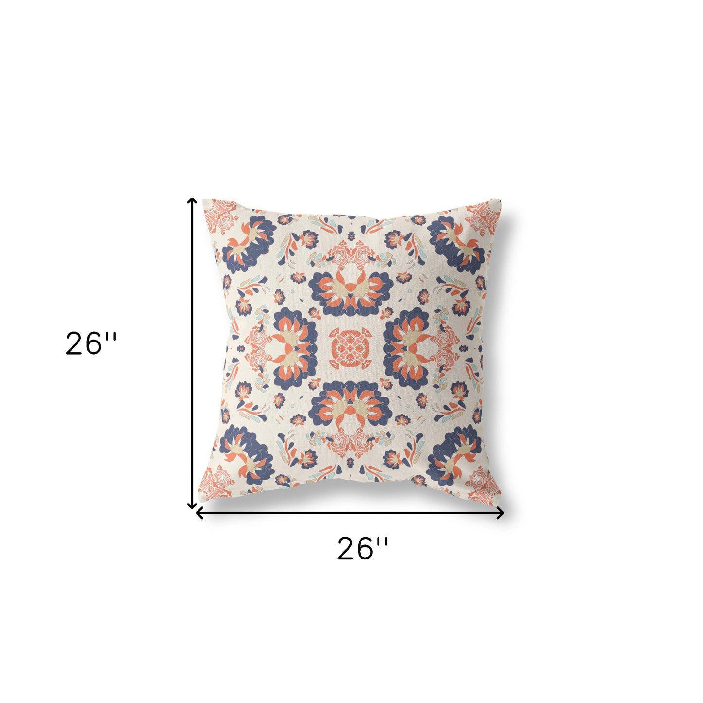 18" X 18" Off White And Blue Broadcloth Floral Throw Pillow