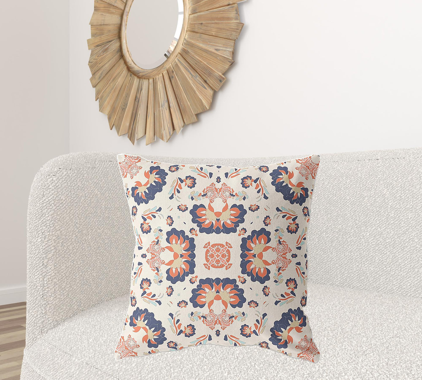 18" X 18" Off White And Blue Broadcloth Floral Throw Pillow