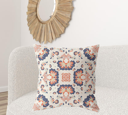 18" X 18" Off White And Blue Broadcloth Floral Throw Pillow