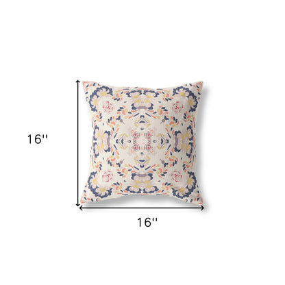 16" X 16" White And Blue Broadcloth Floral Throw Pillow