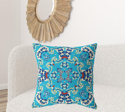 18" X 18" Blue Broadcloth Floral Throw Pillow