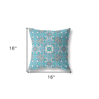 16" X 16" Light Blue Broadcloth Floral Throw Pillow