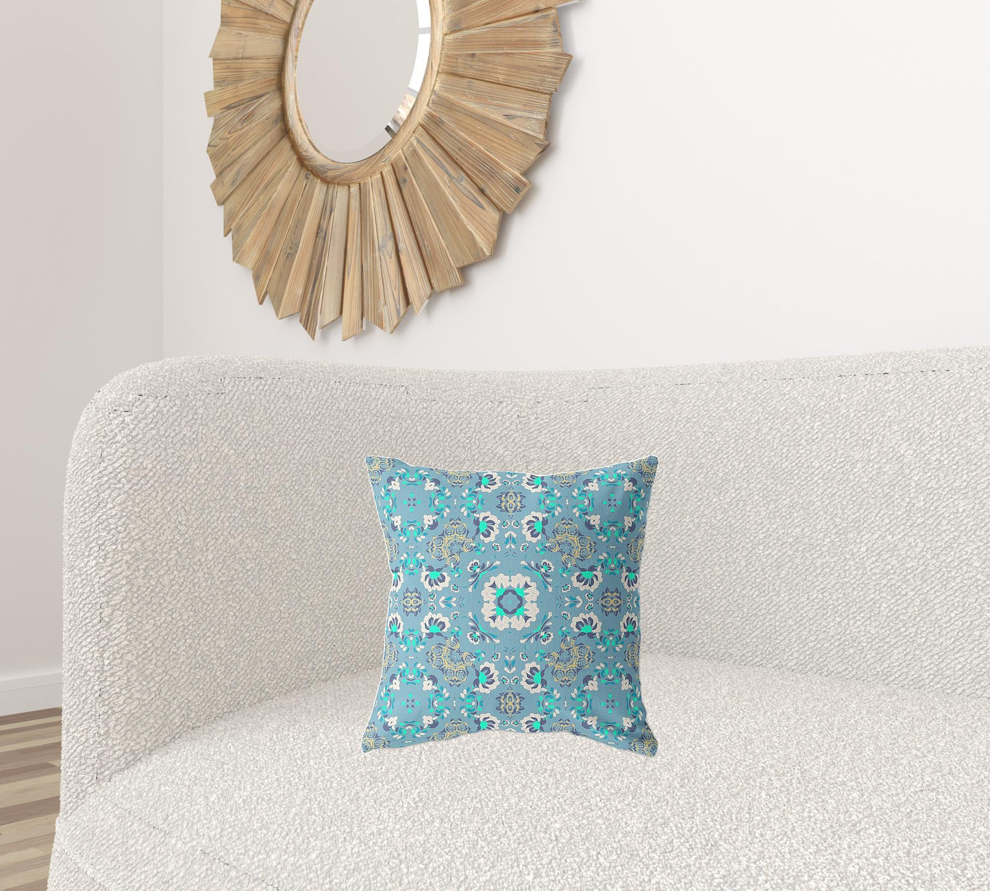 16" X 16" Light Blue Broadcloth Floral Throw Pillow