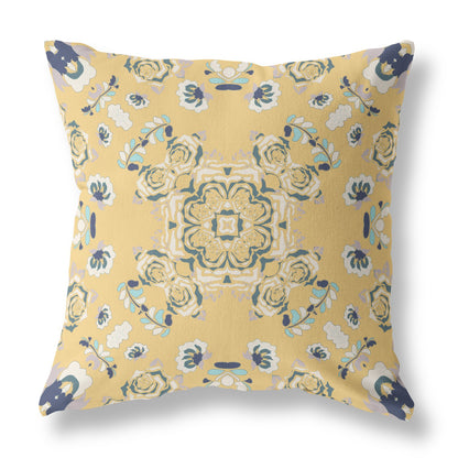 16" X 16" Yellow And Blue Broadcloth Floral Throw Pillow