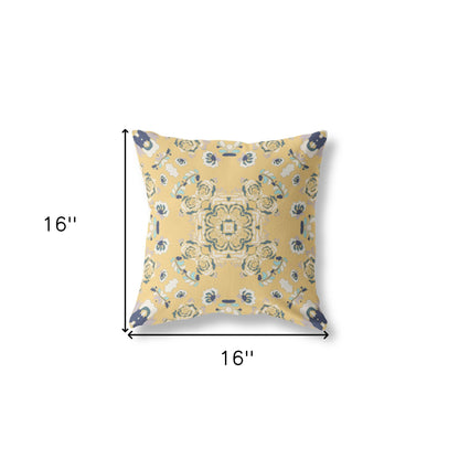 16" X 16" Yellow And Blue Broadcloth Floral Throw Pillow