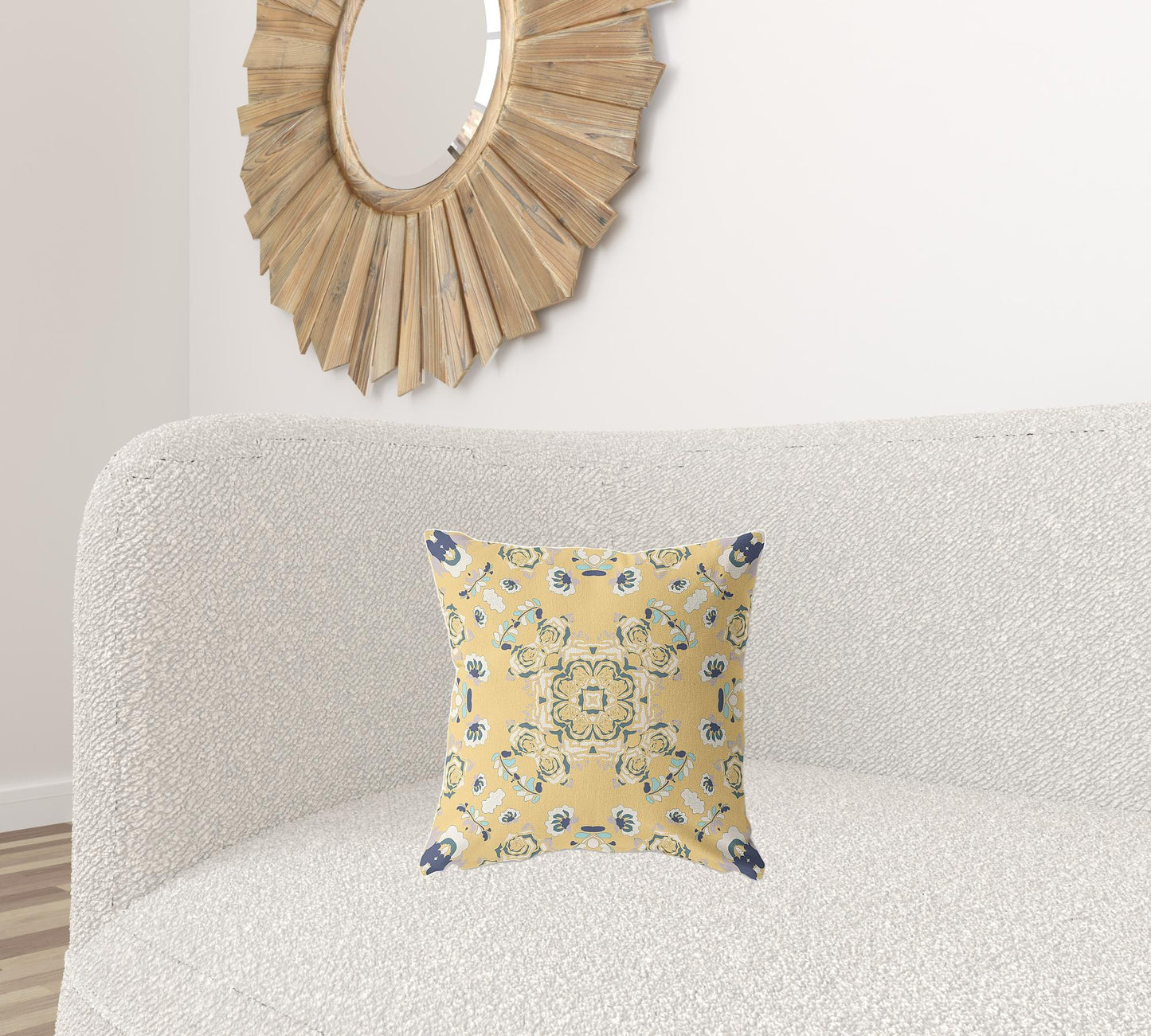 16" X 16" Yellow And Blue Broadcloth Floral Throw Pillow