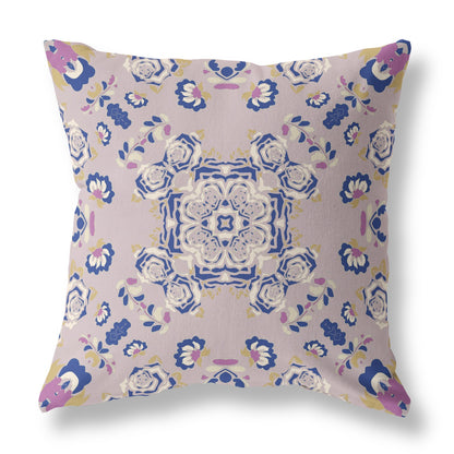 16" X 16" Purple And Blue Broadcloth Floral Throw Pillow