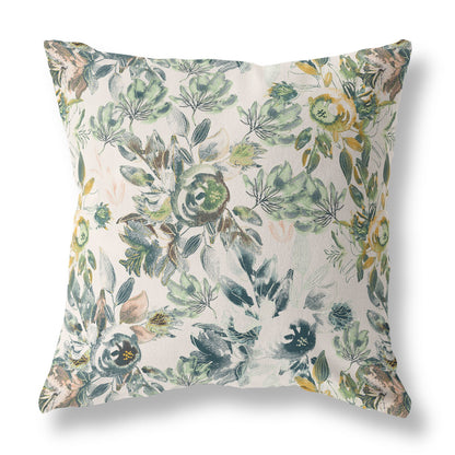 18" X 18" White And Green Broadcloth Floral Throw Pillow