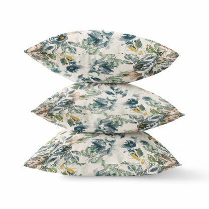 18" X 18" White And Green Broadcloth Floral Throw Pillow