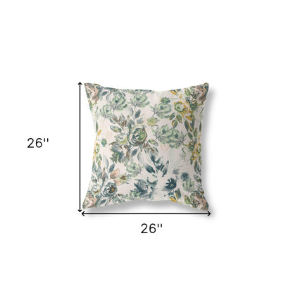 18" X 18" White And Green Broadcloth Floral Throw Pillow