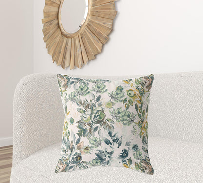 18" X 18" White And Green Broadcloth Floral Throw Pillow