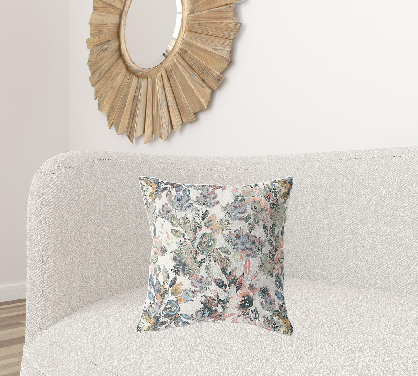 18" X 18" White, Pink And Grey Broadcloth Floral Throw Pillow