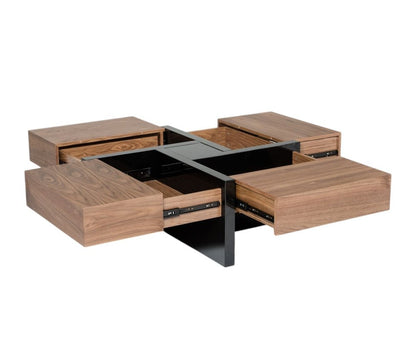39" Brown and Black Wood Square Solid Coffee Table With Four Drawers HomeRoots