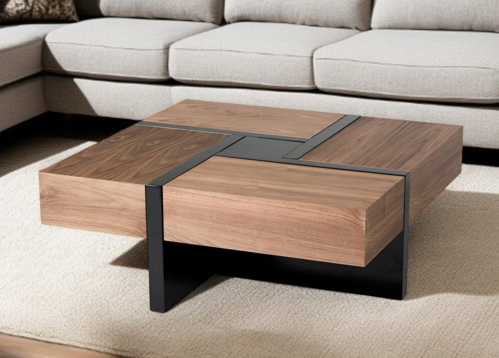 39" Brown and Black Wood Square Solid Coffee Table With Four Drawers HomeRoots