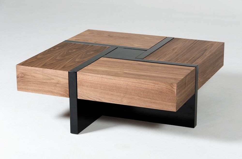 39" Brown and Black Wood Square Solid Coffee Table With Four Drawers HomeRoots