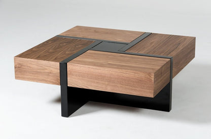 39" Brown and Black Wood Square Solid Coffee Table With Four Drawers HomeRoots