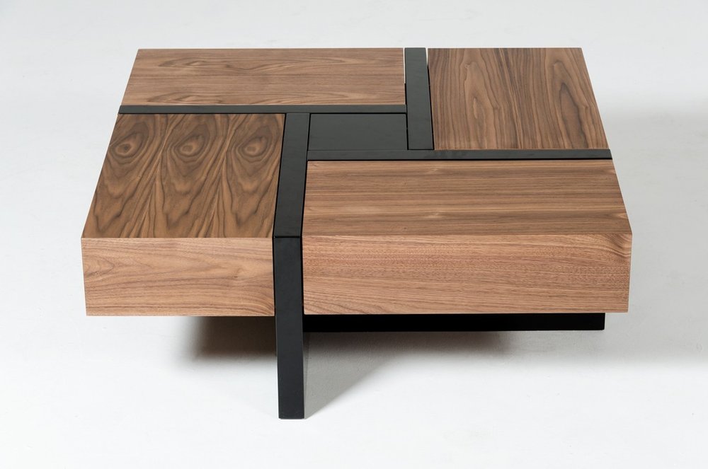 39" Brown and Black Wood Square Solid Coffee Table With Four Drawers HomeRoots