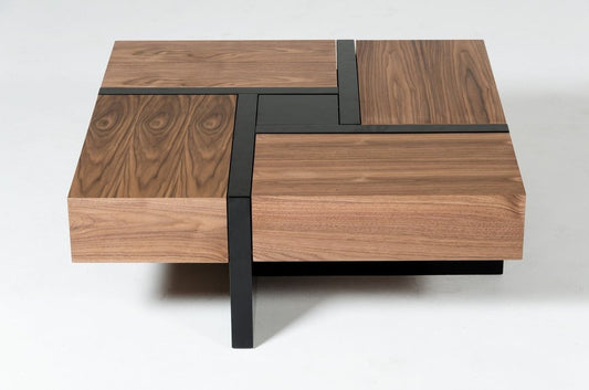 39" Brown and Black Wood Square Solid Coffee Table With Four Drawers HomeRoots