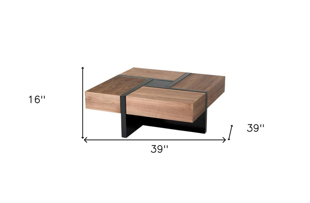 39" Brown and Black Wood Square Solid Coffee Table With Four Drawers HomeRoots