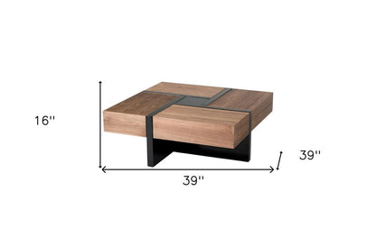 39" Brown and Black Wood Square Solid Coffee Table With Four Drawers HomeRoots