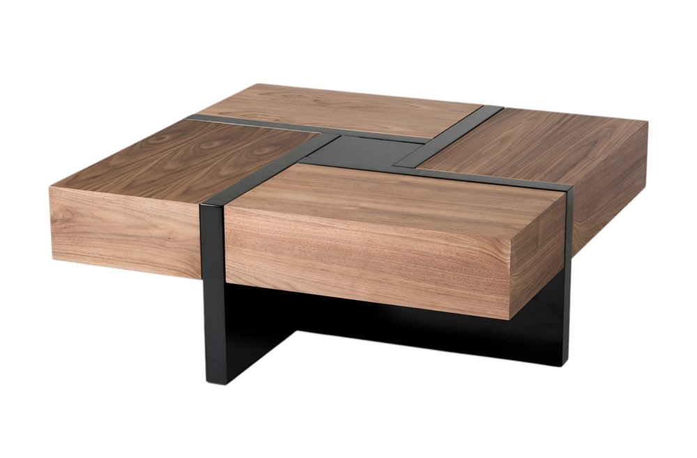 39" Brown and Black Wood Square Solid Coffee Table With Four Drawers HomeRoots