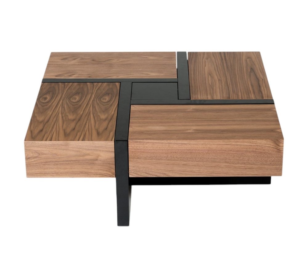 39" Brown and Black Wood Square Solid Coffee Table With Four Drawers HomeRoots