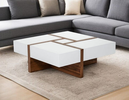 39" Brown and White Wood Square Solid Coffee Table With Four Drawers HomeRoots