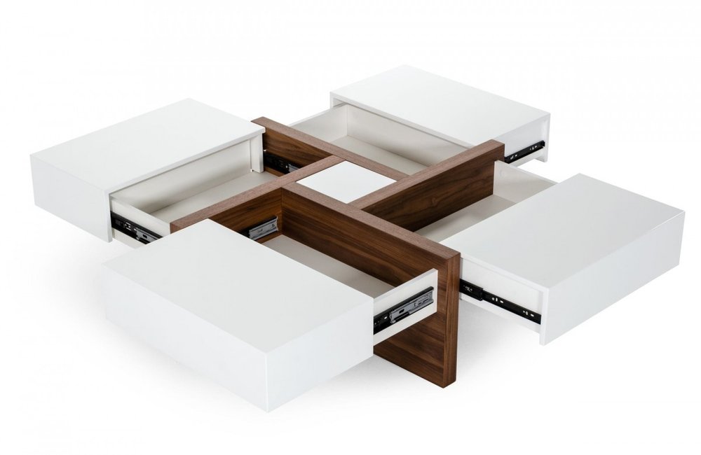 39" Brown and White Wood Square Solid Coffee Table With Four Drawers HomeRoots