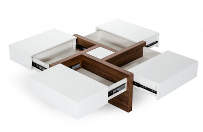39" Brown and White Wood Square Solid Coffee Table With Four Drawers HomeRoots
