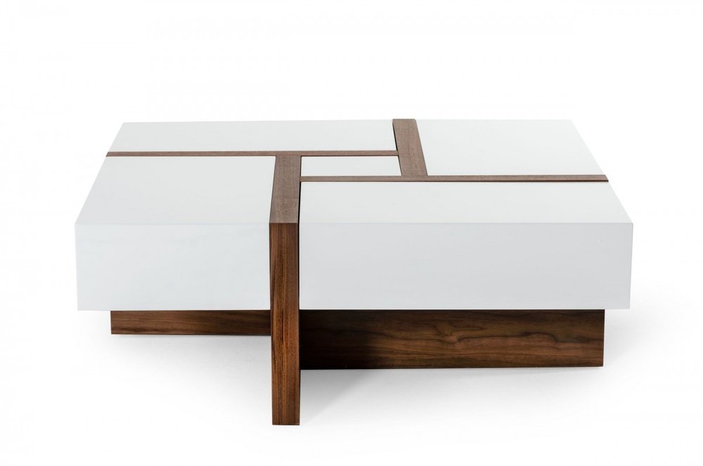 39" Brown and White Wood Square Solid Coffee Table With Four Drawers — view 2