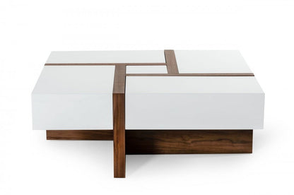 39" Brown and White Wood Square Solid Coffee Table With Four Drawers HomeRoots