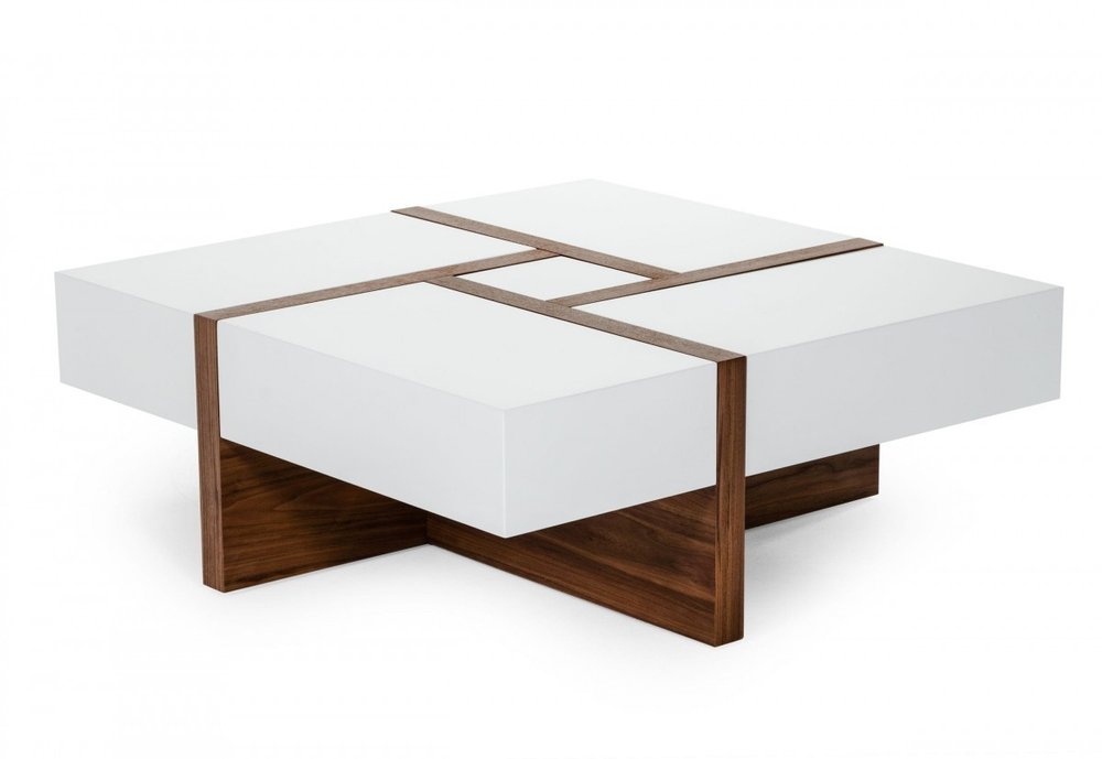 39" Brown and White Wood Square Solid Coffee Table With Four Drawers — view 3