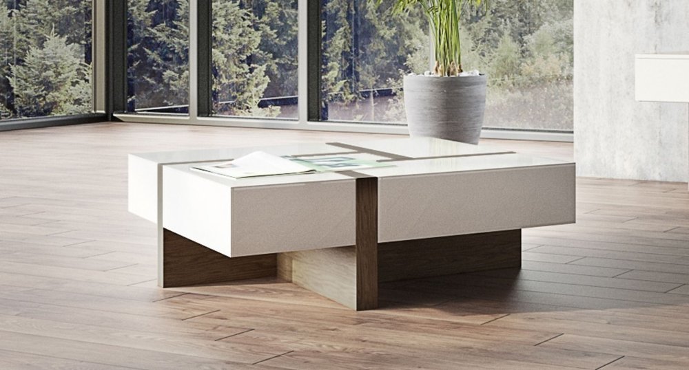 39" Brown and White Wood Square Solid Coffee Table With Four Drawers — view 5