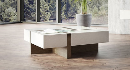 39" Brown and White Wood Square Solid Coffee Table With Four Drawers HomeRoots