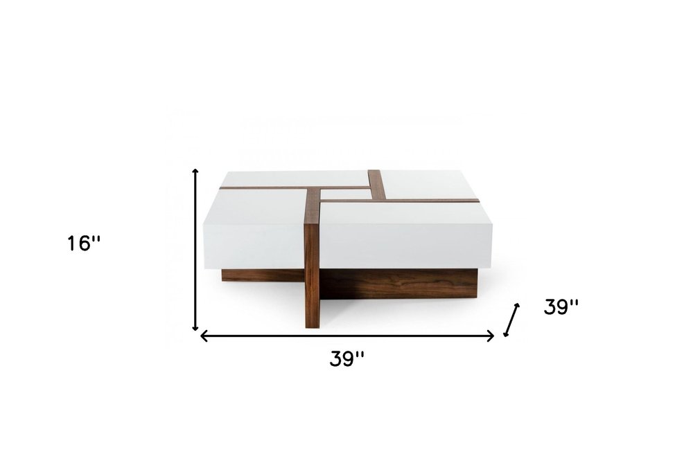 39" Brown and White Wood Square Solid Coffee Table With Four Drawers — view 6