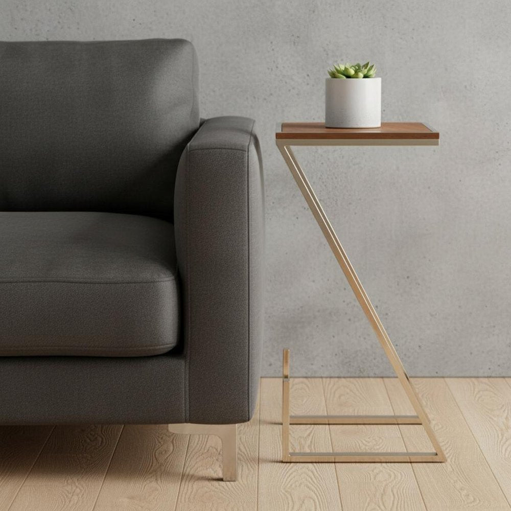 Stylish Asymmetrical Wood and Metal Z shaped Side Table HomeRoots
