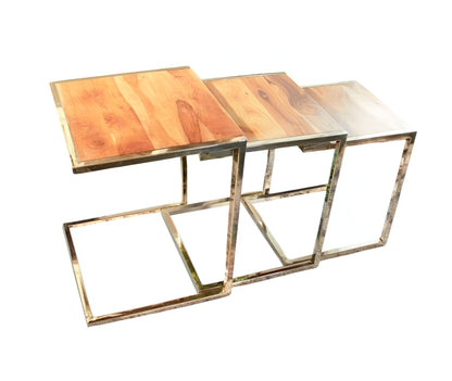 Set of Three Stylish Wood and Metal C Shaped Nesting End Tables