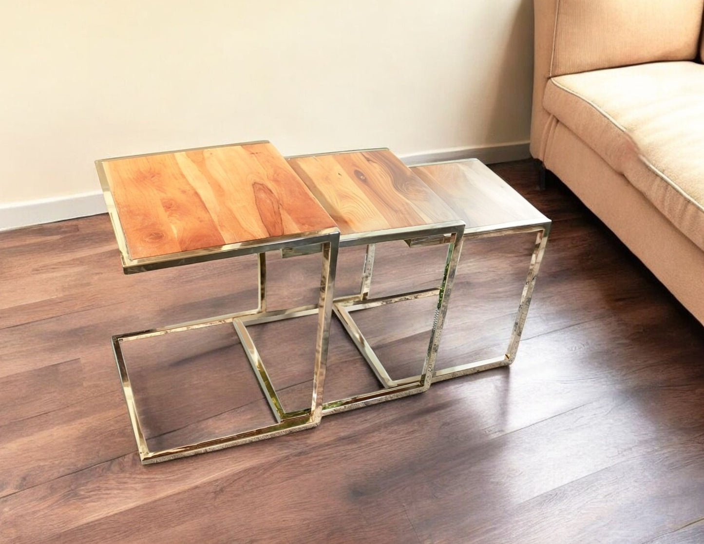 Set of Three Stylish Wood and Metal C Shaped Nesting End Tables