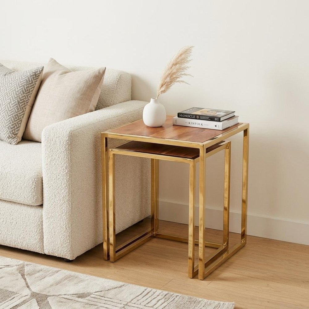 Set of Three Stylish Wood and Metal C Shaped Nesting End Tables HomeRoots