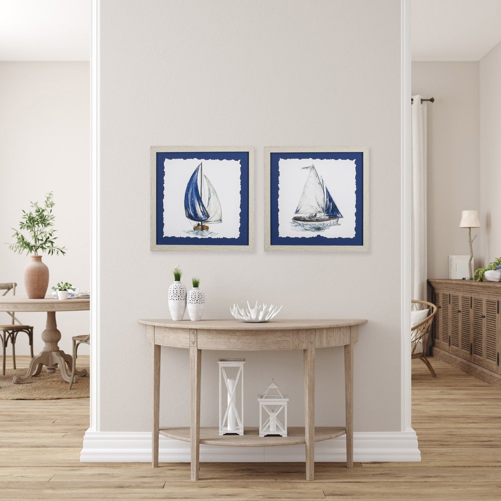 Set Of Two Navy Sail Hand Painted White Framed Wall Art HomeRoots
