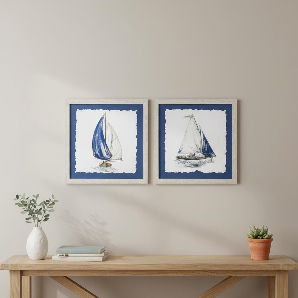 Set Of Two Navy Sail Hand Painted White Framed Wall Art HomeRoots