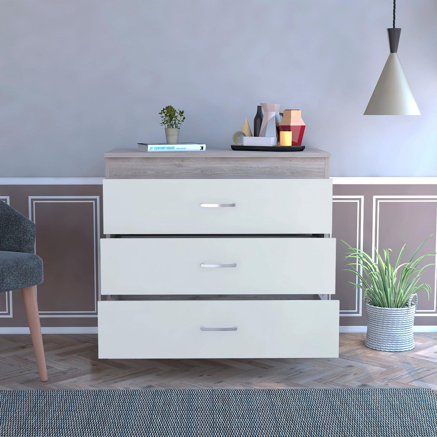 29" Light Gray and White Three Drawer Dresser - FurniFindUSA