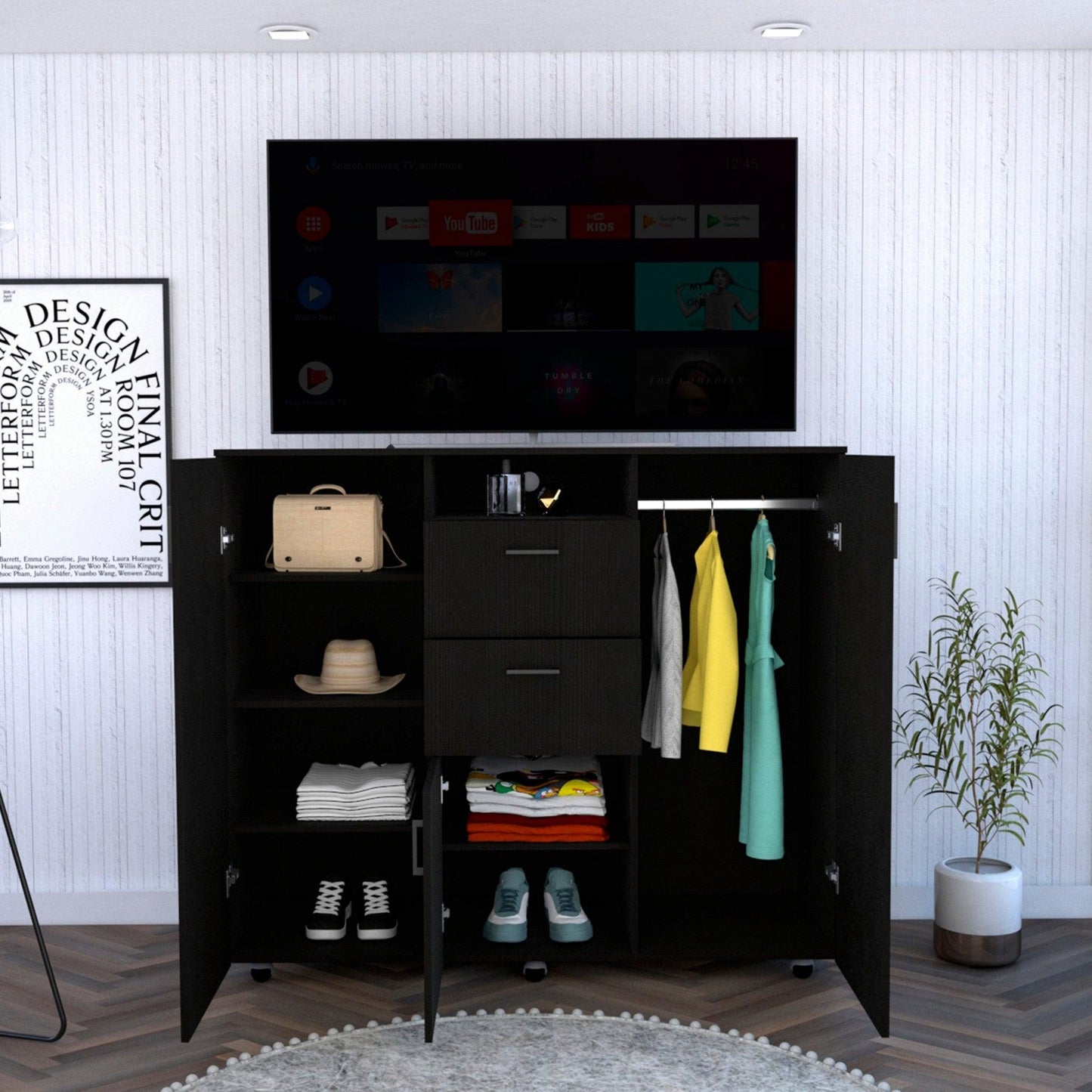 Black Three Door Closet with Two Drawers - FurniFindUSA