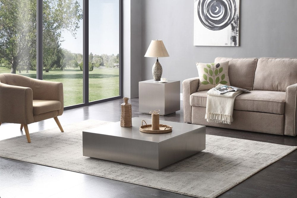 35" Silver Stainless Steel Square Solid Coffee Table HomeRoots