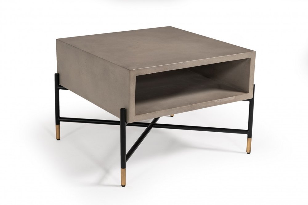 25" Gray and Black Concrete And Metal Square Coffee Table With Shelf HomeRoots