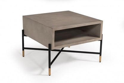 25" Gray and Black Concrete And Metal Square Coffee Table With Shelf HomeRoots