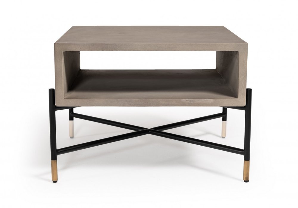 25" Gray and Black Concrete And Metal Square Coffee Table With Shelf HomeRoots
