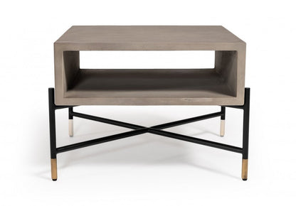 25" Gray and Black Concrete And Metal Square Coffee Table With Shelf HomeRoots